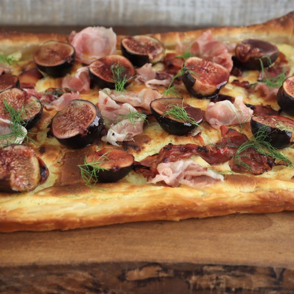 Goat Cheese And Rosemary Tart With Shaved Prosciutto And Portmacerated Figs